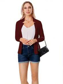 1 pieza Chaqueta casual de mujer de unicolor con cuello alto, adecuada para la oficina, primavera y otoño - Burdeos - Ver 3