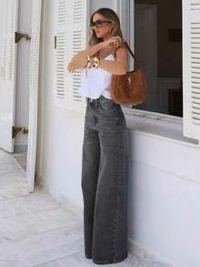 Women's Loose Casual Straight Leg Jeans With Pockets, Simple Washed Pants, Suitable Summer Wear And Also A Must-Have Item Halloween - 灰色 - 查看 4