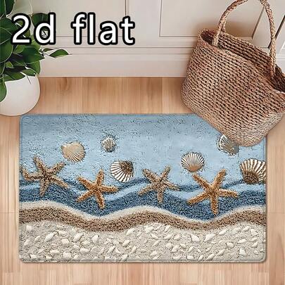 1 pieza/2 piezas/3 piezas Alfombra de piso de cocina con estampado de estrella de mar y concha, alfombra de baño antideslizante, material de lana sintética suave, disponible en colores azul, beige y turquesa, adecuada para cocina, baño, entrada, dormitorio y decoración del hogar