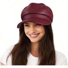 Women's PU Leather Newsboy Cap 8 Panel Paperboy Newsie Cap Bakerboy Beret Cabbie Hat, Fashionable Headwear - 酒紅色 - 查看 5