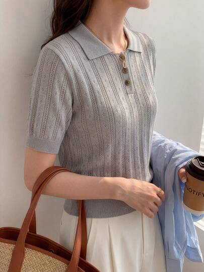 Korean Style Hollow Polo Collar Fitted Slim Versatile Turndown Collar Commuting Outerwear Women Knit Top, Solid Color Ribbed Hollow Button Summer