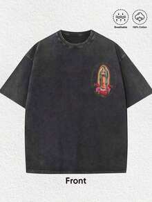 1 Camiseta Religiosa con Diseño Personalizado "Virgen de Guadalupe": Con acabado vintage desgastado, impresión artística en el frente de Nuestra Señora de Guadalupe con rosas, ilustración elaborada en la espalda de la Virgen de Guadalupe rodeada de rosas y texto "VIRGEN DE GUADALUPE REINA DE MEXICO PATRONA DE AMERICA". Confeccionada en algodón 100% transpirable, es perfecta para añadir un toque espiritual, nostálgico y cultural a tus atuendos durante las celebraciones del Día de Nuestra Señora de Guadalupe, eventos religiosos o para uso diario. Es una excelente opción de regalo para amigos y familiares. Las camisetas 100% algodón presentan un diseño juvenil y moderno. Camisetas gráficas para hombre, camisetas gráficas para mujer, "Cachorro Feliz", Regreso a la escuela. - Negro - Ver 2