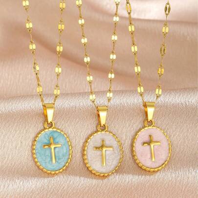 Collar con colgante de cruz esmaltada de colores populares para mujeres, joyería de estilo religioso con cadena a la altura de la clavícula, disponible