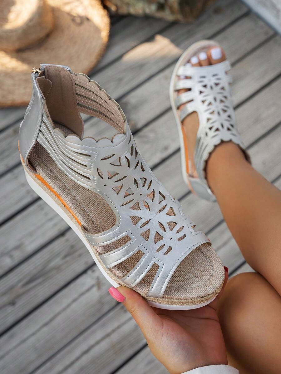 Casual Hemp Rope Woven Wedge Heel Roman Sandals, Silver Geometric Ruffled Open Toe Sandals For Women