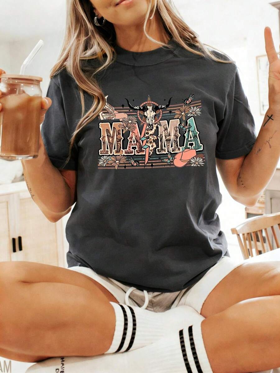 Un regalo para el Día de la Madre: una camiseta de manga corta para mujer. Con un diseño original, este regalo para el Día de la Madre presenta un bonito estampado, es ideal para el uso diario, está confeccionada en un tejido cómodo y se puede lavar a máquina. - Gris Oscuro - Ver 1