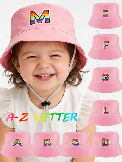 1pc Kids Pink Rainbow Letter Anti-Drop Bucket Hat - Customized A-Z Version, Cute & Practical Outdoor Sun Hat For Girls, Suitable For Travel & Daily Life