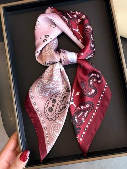 1 pieza Pañuelo cuadrado de mujer con estampado floral de anacardo de lujo, que se puede usar como pañuelo, diadema, chal, pañuelo de cuello o pañuelo para la cabeza