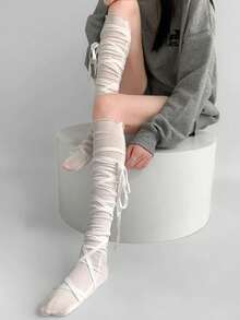 1 Pair White Lace-Up Knee High Socks For Women, Unique Cross Bow Tie Design Thigh High Stockings, Stretchy Ballerina Socks Suitable For Daily Wear, Party, Cosplay And Streetwear, Spring/Summer - trắng - Xem 6