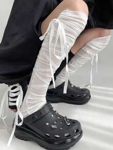 1 Pair White Lace-Up Knee High Socks For Women, Unique Cross Bow Tie Design Thigh High Stockings, Stretchy Ballerina Socks Suitable For Daily Wear, Party, Cosplay And Streetwear, Spring/Summer - trắng - Xem 7