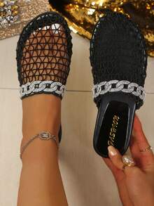 Hollow Out Beach Sandals, Fashionable Slip-On Casual Slippers For Spring/Summer, Multi-Color Options, Rhinestone Decor, Breathable - Black - View 1