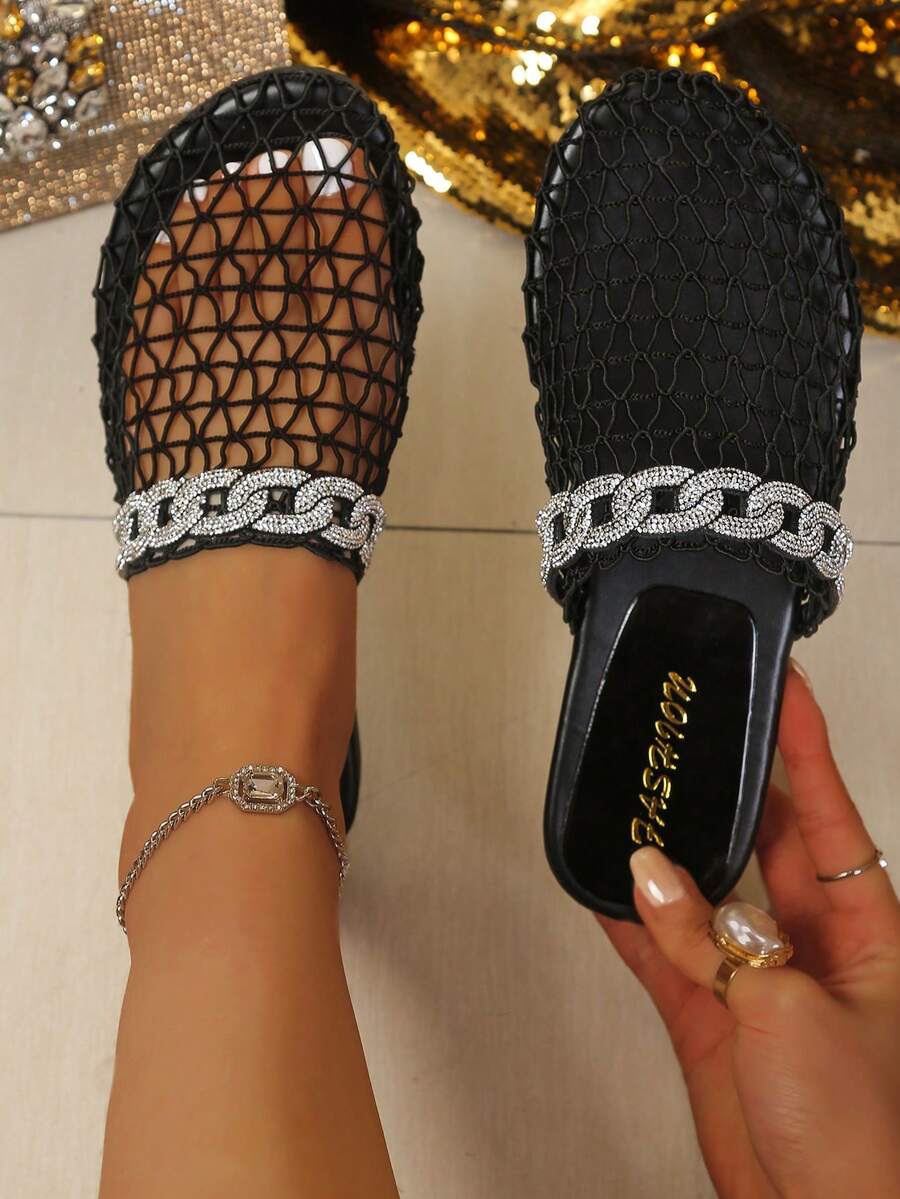 Hollow Out Beach Sandals, Fashionable Slip-On Casual Slippers For Spring/Summer, Multi-Color Options, Rhinestone Decor, Breathable - Black - View 1