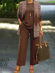 Plus Size Women's Fashionable Printed Elegant 3 Pieces Set Spring - Brown - View 1