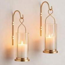 Gold Candle Sconces Wall Decor: Set Of 2 Wall Candle Holder For Pillar Candles - Modern Metal Hurricane Lantern Decoration For Indoor Porch Fireplace Bathroom Living Room - Gold - View 7