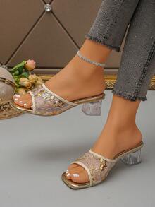 Dép lê nữ đế dày đính sequin lưới trong suốt, đính pha lê, kiểu dáng slip-on, thêu họa tiết, màu vàng. - Vàng - Xem 2
