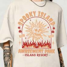 Spooky Island Amusement Park T-Shirt, Retro 2000s Halloween Movie Shirt, Disco Skull, Summer Spooky T-Shirt, 90s Nostalgia Halloween Tee For Halloween-Motion Tee - 杏色 - 查看 9