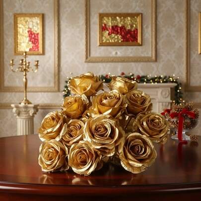 6pcs Artificial Golden Rose Flowers, Lifelike Floral Art, Gift For New Year, Valentine's Day, Mother's Day, Father's Day, Birthday Party, Office, Outdoor Garden, Spring/Summer Home Decor