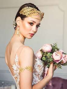 Bộ trang sức nữ thần 7 món, bao gồm băng đô lá, vòng tay lá, vòng tay hở, bông tai ngọc trai, thích hợp cho phụ nữ mặc hàng ngày, đám cưới, lễ đính hôn. - 7 chiếc - Xem 7