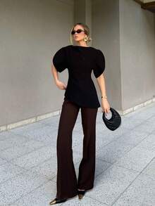 女士不对称下摆泡泡袖衬衫，黑色圆领，新款时尚优雅女士夏季服装 - 黑色 - 查看 8