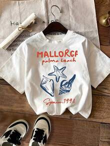 Ladies T Shirt,Palma De Mallorca Beach Pattern,Round Neck,Short Sleeve,Geometric Pattern,All-Season Tops,Standard Length,Fashionable Women's Clothing, - 白色 - 查看 6