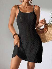 Women's Summer Bohemian Ombre Hollow-Out Sexy Sheer Cover-Up Camisole Mini Dress Vacation Beach - màu đen - Xem 5