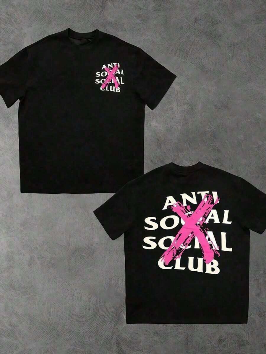 Anti Social Club Pink X Printed Men's T-Shirt - New Summer Street Fashion Casual Top - Black - View 1