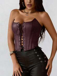 Apperloth A 性感过胸束身胸衣 PU 皮革带骨露脐抹胸上衣 女士系带前开后露背塑身衣 万圣节服装 感恩节服装 - 棗紅色 - 查看 6