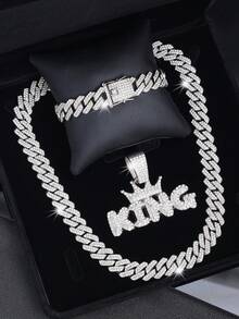 3件套嘻哈时尚首饰套装，不锈钢男士十字架项链配多层链，水钻手链，男女皆宜的完美礼物 - 銀色 - 查看 8