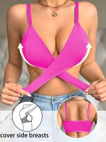 Solid Color Patchwork Front-Open Wireless Bra For Women - Hot Pink - View 3