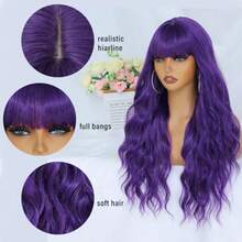 Dark Purple Wig with Bangs for Women 26 Inch Long Wavy Purple Wigs Synthetic Heat Resistant Wig for Daily Party Use - Morado oscuro - Ver 5