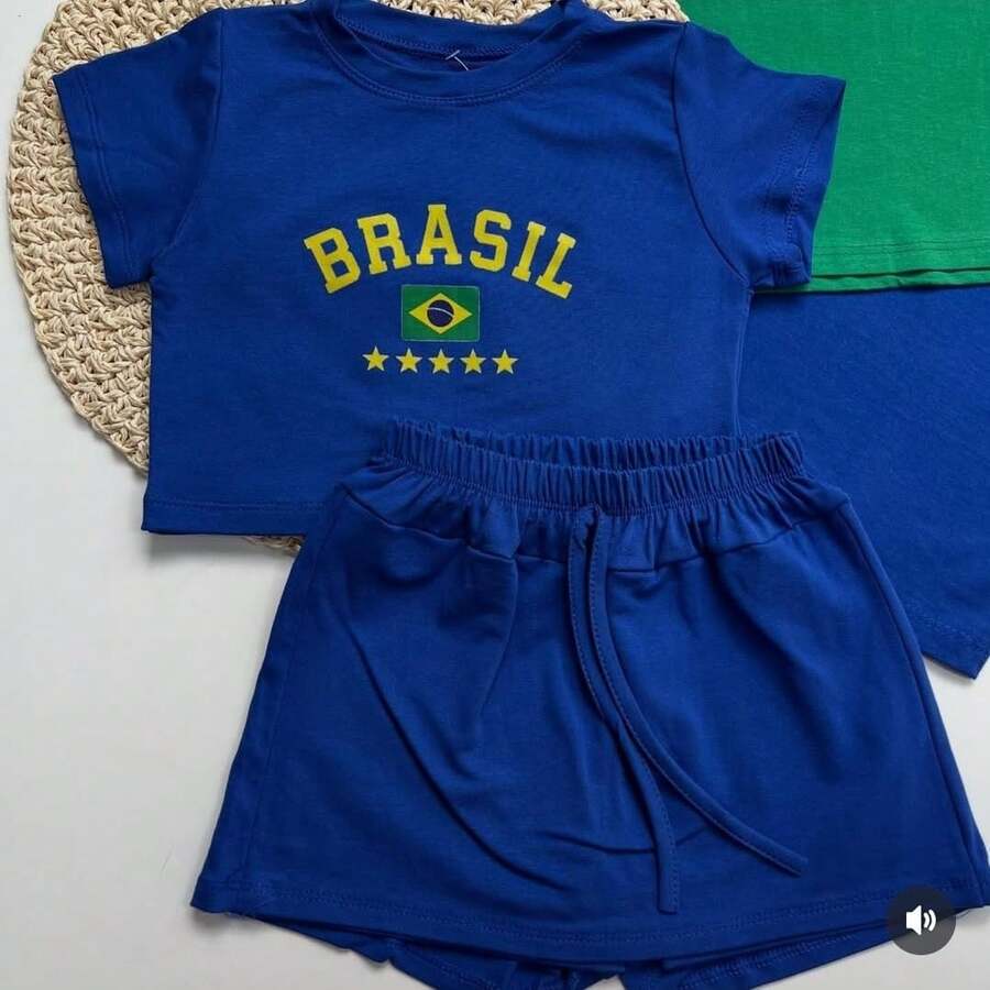 Brazil Kids' Set, Brazil World Cup Set, Brazil Youth Set (Blouse And Skirt) - 藍色 - 查看 1