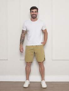 Men's Bermuda Shorts In Twill Fabric With Elastic Waistband - Marrón - Ver 2