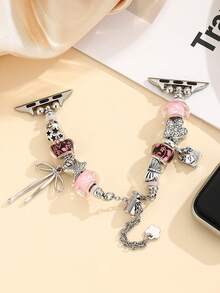 女士经典魅力腕表手链，配有串珠吊坠，蝴蝶结、爱心、樱花和海星造型，适用于 38/40/41/42/44/45/46/49mm，Ultra/SE/Series 11/10/9/8/7/6/5/4/3/2/1，夏季海滩饰品配饰，表带 - 粉色 - 查看 10