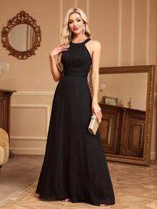 优雅女士无袖褶皱雪纺正式晚礼服，夏季露背黑色雪纺正式派对长裙，适合婚礼宾客、鸡尾酒会、伴娘、舞会等场合。 - 黑色 - 查看 1