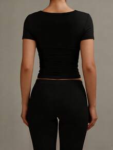 XLLAIS Summer Open Collar Short Sleeve Elastic Fitted Top Casual - Black - View 6