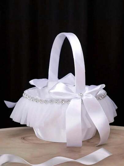 1个婚礼花篮，手提花篮，带花环蕾丝，带提手，适用于婚礼装饰和婚礼仪式用品