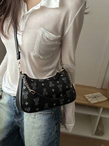 鳄鱼纹韩版女士手提包，新款时尚单肩包，简约新月形托特包，适合OL - 黑色 - 查看 2