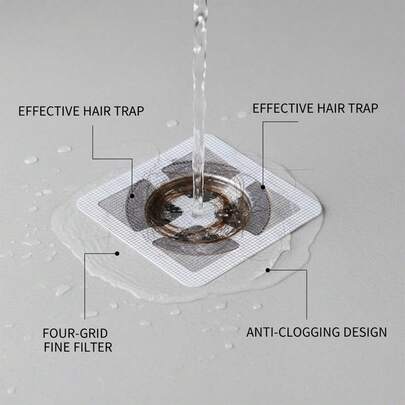 Desagüe de piso de baño desechable, evita que el cabello y los residuos obstruyan los desagües, autoadhesivo y desechable para un reemplazo conveniente y sin desorden, perfecto para desagües de ducha, bañera y fregaderos de cocina, incluye múltiples pegatinas de malla para una protección duradera del desagüe