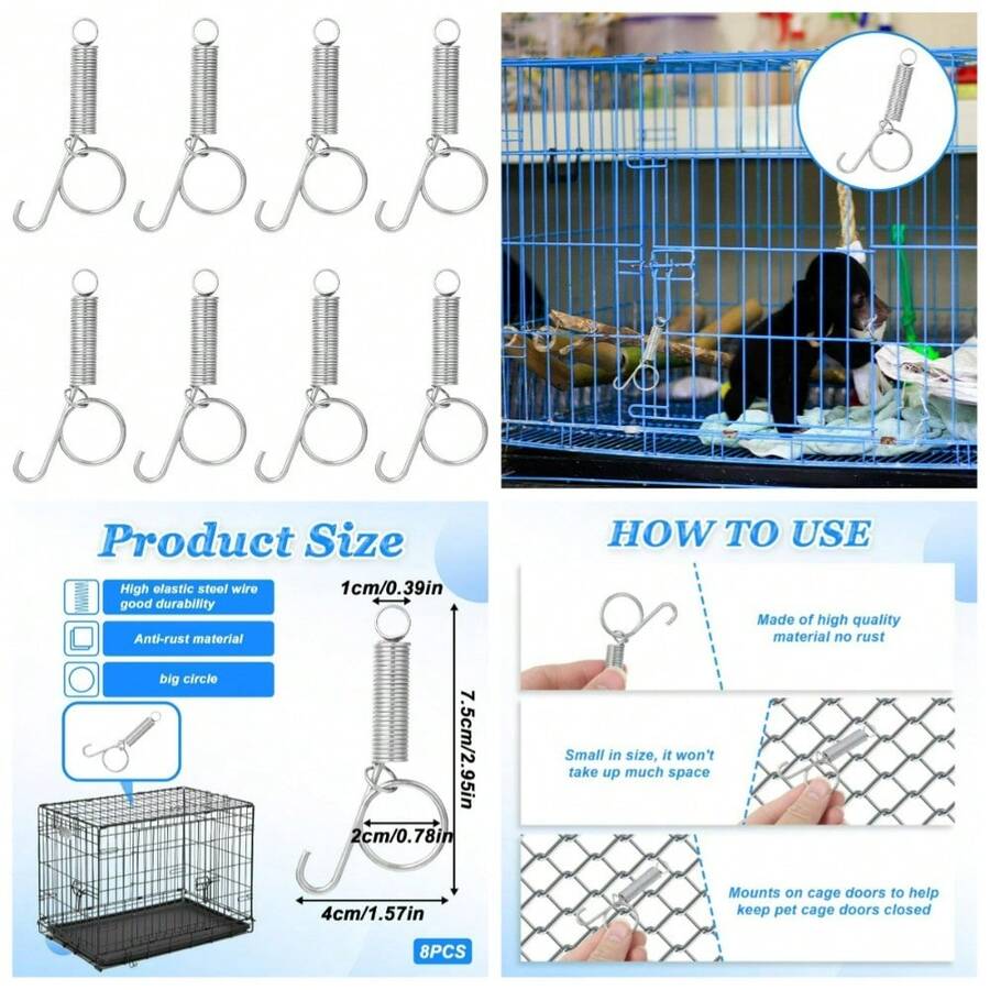 8-Pack Rabbit Cage Door Spring Latch Hooks J Clips For Wire Cages Secure Fastener For Small Pets Like Dogs Cats Parrots Guinea Pigs - 1 - View 1