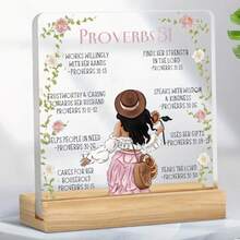 Una placa acrílica 2D con una base de madera, que presenta versículos del Proverbios 31:13 y diseños florales suaves. - A - Ver 3