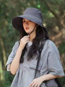 Women's Summer Sun Hat, Outdoor Cycling Neck Protector, Wide Brim, Breathable, Foldable, Hiking Bucket Hat, Fashionable, Versatile, Solid Color, Casual, Polyester Fiber (Polyester) Solid Color Windproof And UV Protection Hat For Spring And Summer., Beach, Vacation - Hat - View 9