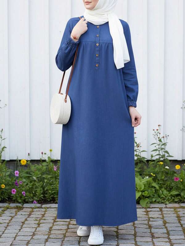Robe élégante et décontractée pour femmes, col rond, manches lanternes, couleur unie. Robe longue arabe avec décoration de boutons, pour le printemps/automne et l'Aïd