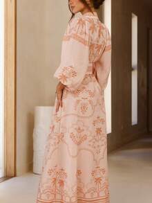 Women's Linen Loose Casual Belted Waist Puff Sleeve Dress - 粉色 - 查看 4