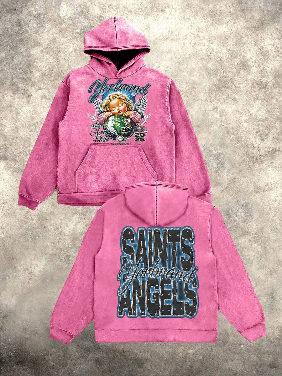 Men's "Saints & Angels" Angel Earth Washed Hoodie – Vintage Cherub & Globe Graphic Oversized Hoodie, Retro Y2K Streetwear Casual Top - 玫紅色 - 查看 1