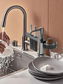 多功能水槽收纳架：皂液器、刀架和洗碗刷套装，适用于厨房台面 - 灰色 - 查看 4