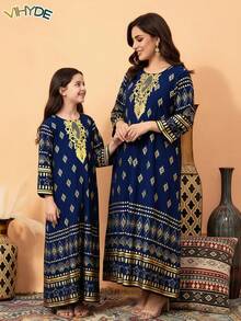 Vihyde 1 chiếc áo choàng dài dự lễ hội cho bé gái tuổi teen, màu xanh hải quân với viền cổ áo họa tiết hình học ánh vàng và tay áo dài 3/4. - Màu xanh hải quân - Xem 1