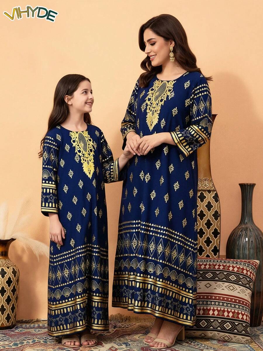 Vihyde 1 chiếc áo choàng dài dự lễ hội cho bé gái tuổi teen, màu xanh hải quân với viền cổ áo họa tiết hình học ánh vàng và tay áo dài 3/4. - Màu xanh hải quân - Xem 1