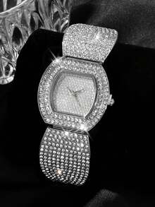 6件套奢华全镶钻首饰套装，包括手表、手链、项链、耳环和戒指，精致百搭，轻松提升气质与优雅。 - 銀色 - 查看 2