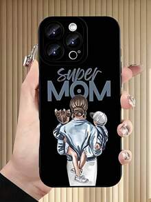1pc Cartoon Mom & Kid Letter Graphic Black Angel Eye Full Coverage Shockproof TPU Phone Case Protective Cover For IPhone11/12/13/14/15/16/17 ProMax/Plus, A55/54/53/52/51, S25/24/23/22/21 Series - Multicolor - View 2