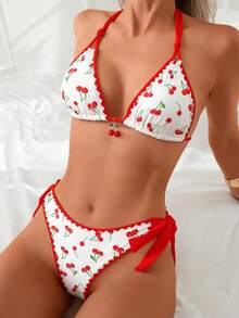 一套女士比基尼两件式泳衣，撞色花卉饰边樱桃印花挂脖系带时尚沙滩度假装 白色 - 白色 - 查看 2
