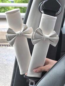 2pcs Car Seat Belt Leather Shoulder Protector Cute Bow Car Decoration Car Protection Cover,Car Women Accessories - One-size - View 2